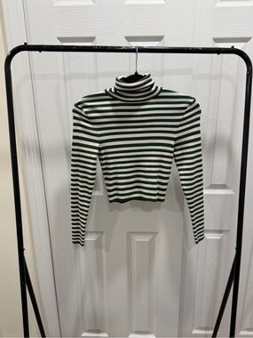 Zara Green & White Striped Turtleneck Long Sleeve Top